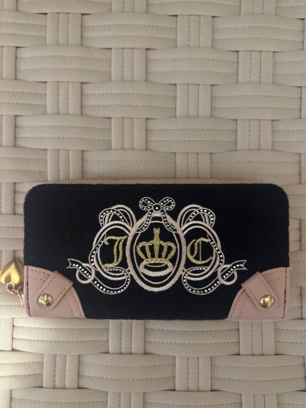 Juicy Couture Black and Pink Embroidered Crown Zip Wallet